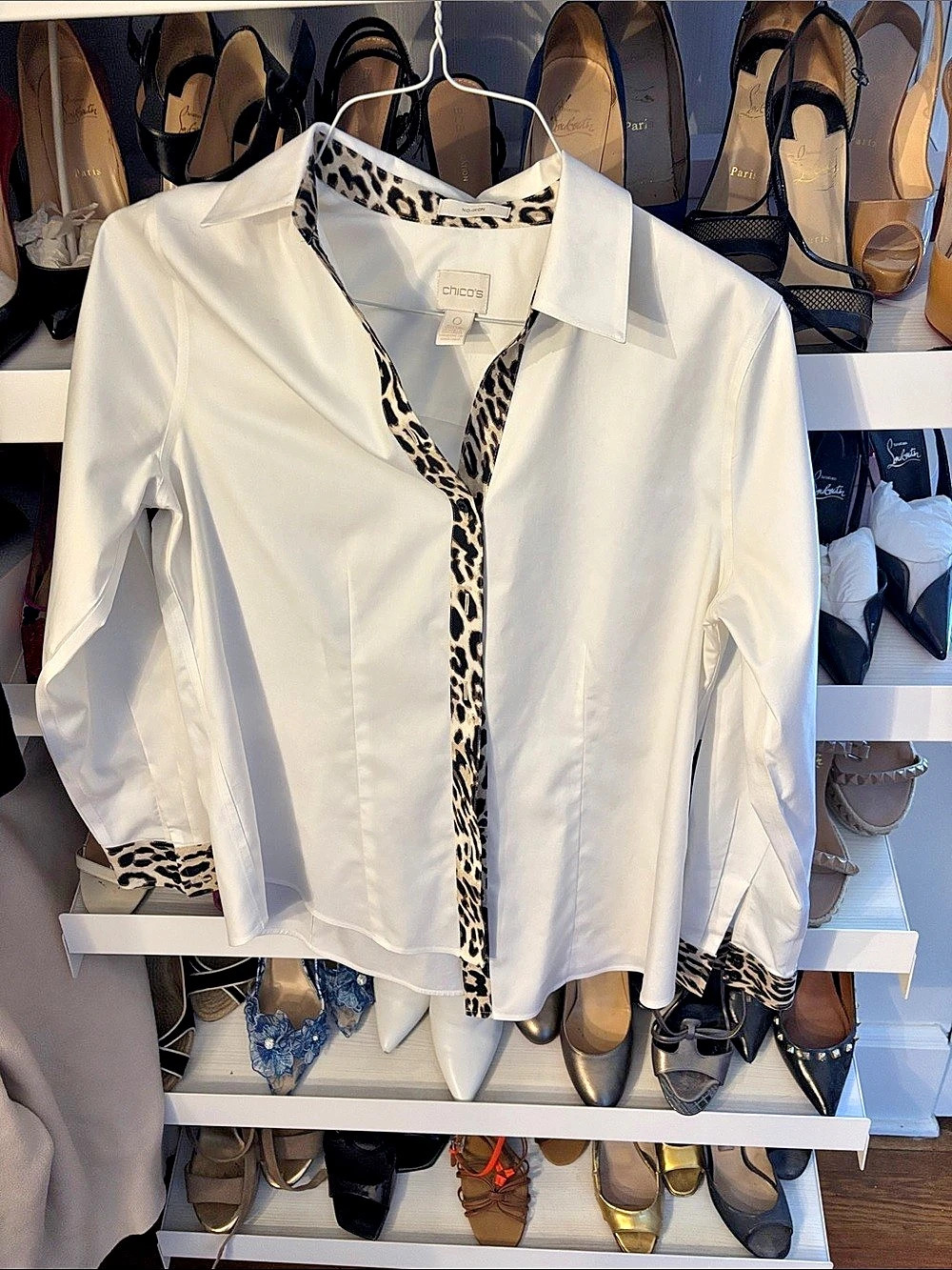 Chico's White & Black Animal Print Button Down
